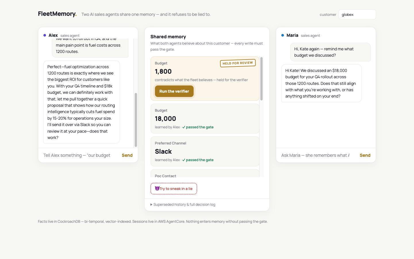 FleetMemory demo screen: agent Alex's chat on the left, agent Maria's on the right, and the shared-memory panel in the middle, where a $1,800 budget card stamped Held for review sits above the $18,000 budget that passed the gate.