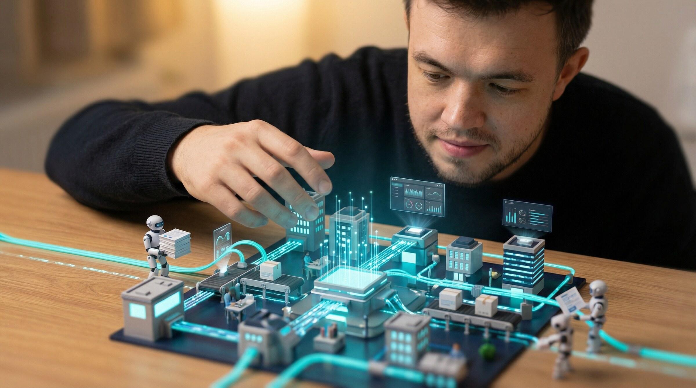 Michael Oskola orchestrating an AI automation factory — Monday.com workflows, AI agents, and integrations connected to a single source of truth